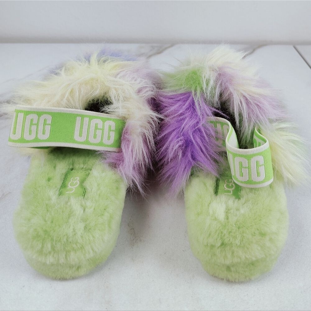 UGG Fluff Yeah Green Tie Dye Faux Fur Sheepskin Slingback Slides Slippers, Sz 6 - Picture 10 of 16